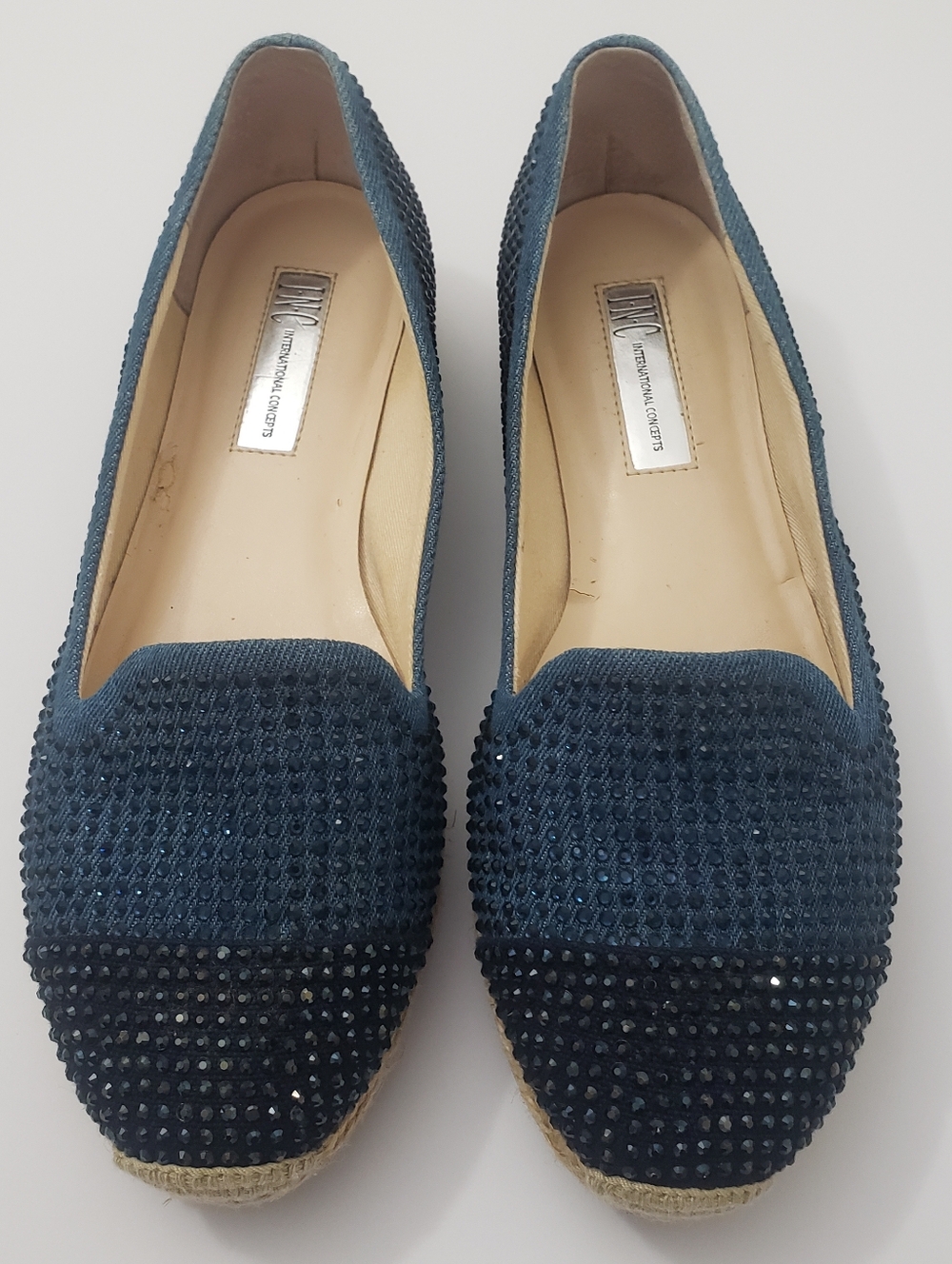 INC International Concepts Blue Denim Espadrilles Rhinestone Flats Size 7M